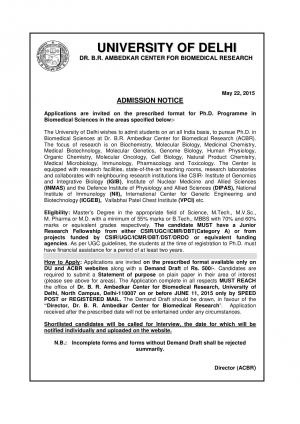 ACBR Notified Admission for Ph D Programme in Biomedical Sciences 2015