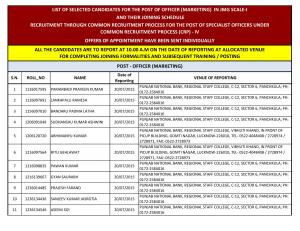 Punjab National Bank Issued Joining Schedule for Officers (Marketing) Post 2015