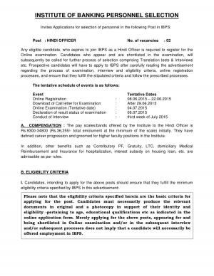 IBPS Notified Recruitment to 02 Hindi Officer Posts 2015
