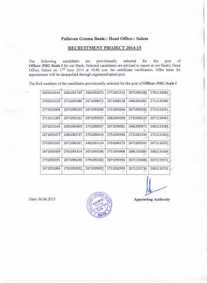Pallavan Grama Bank Declared Final Result for Officer JMG Scale I Post 2015