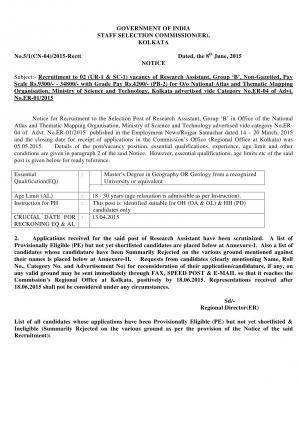 SSCER Issued List of Eligible and Ineligible Candidates for Research Assistant Post 2015