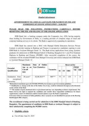 IDBI Bank Notified Recruitment to 500 Executive Posts 2015