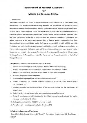 MBRC Notified Recruitment to 05 Research Associate Posts 2015