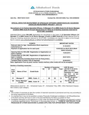 Allahabad Bank Notified Recruitment to 12 Specialist Officer Posts 2015