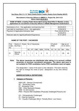 BOI Notified Recruitment to 09 Security Officer Posts 2015