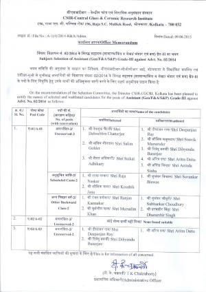 CSIR-CGCRI Issued Selection List of Candidates for Assistant Post 2015
