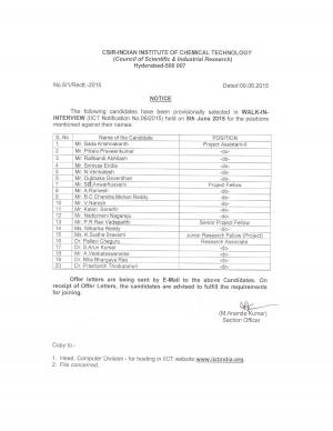 CSIR-IICT Declared Interview Result for Research Fellow Posts 2015