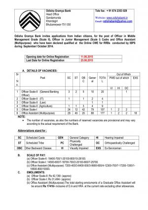 Odisha Gramya Bank Notified Recruitment for 368 Officer & Office Assistant Posts 2015