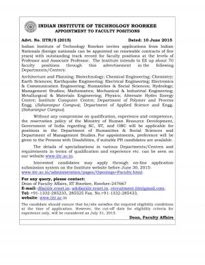 IIT Roorkee Notified Recruitment for 70 Professors and Associate Professor Posts 2015