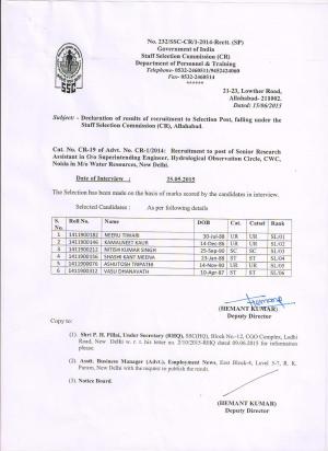 SSCCR Declared Interview Result for Sr Research Assistant Posts 2015