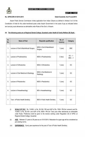 APSC Notified Recruitment for 08 Lecturer and Tutor Posts 2015