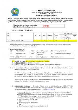 Kaveri Grameena Bank Notified Recruitment to 12 Officer Scale-II Posts 2015