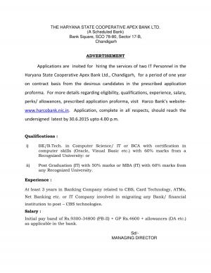 Haryana State Cooperative Apex Bank Ltd invited applications from eligible MBA Graduates