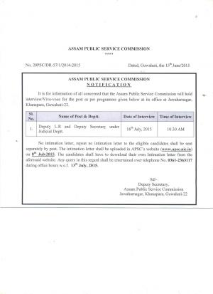 APSC Declared Interview Schedule for Dy. LR & Dy. Secy. Post 2015