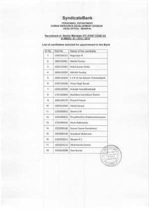 Syndicate Bank Declared Final Result for For Senior Manager