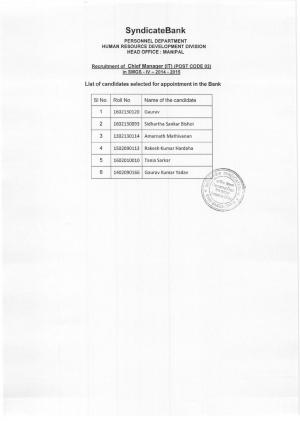 Syndicate Bank Declared Final Result for For Chief Manager