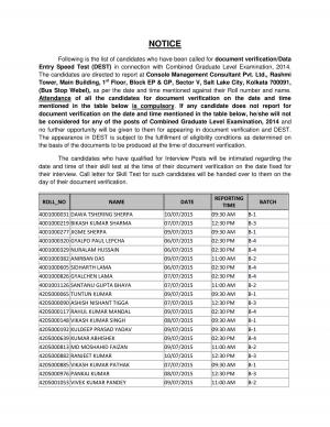SSCER Issued Document Verification Schedule for CGL Examination 2014