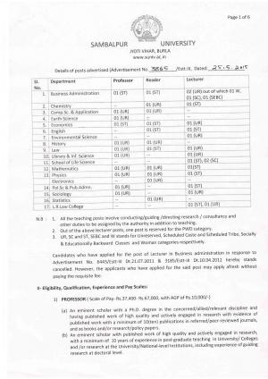 Sambalpur University Notified Recruitment for 41 Teaching Posts 2014