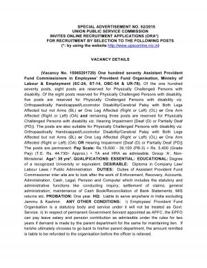 UPSC Notified Recruitment for 170 Assistant Provident Fund Commissioners Posts 2015