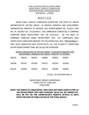 UPSC Declared Interview List for Sr Administrative Officer Gr II Post 2015