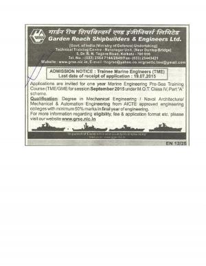 Garden Reach Shipbuilders and Engineers Ltd Notified Admission for One Year Training Course 2015