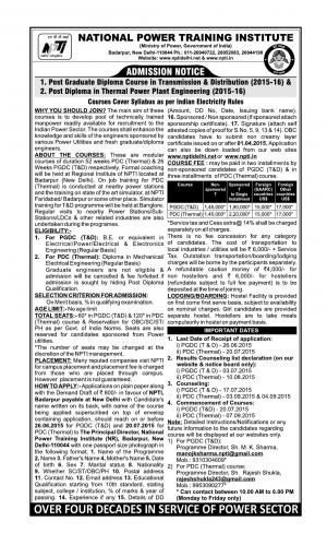 NPTI Notified Admission for Post Graduate Diploma Courses for 2015-16