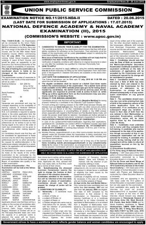 UPSC National Defence Academy & Naval Academy Examination (II) 2015 Notification