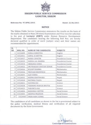 Final Result for Lecturer (DIET)