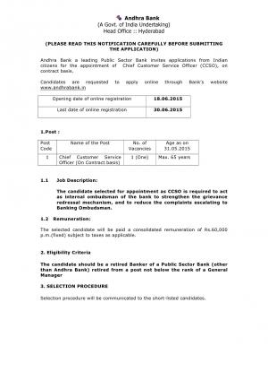 Andhra Bank Notified Recruitment for CCSO Post 2015