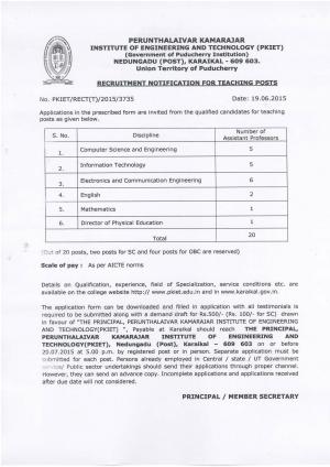 PKIET Notified Recruitment for 20 Assistant Professors Post 2015
