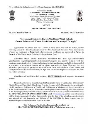 SSCER Notified Recruitment for 63 Various Posts 2015