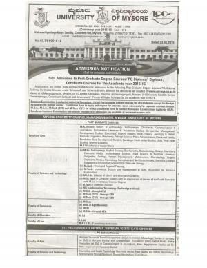 University of Mysore Notified Admission for Various Courses 2015-16
