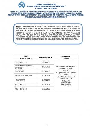 India Overseas Bank Declared Final Result for Specialist Officers Post 2015
