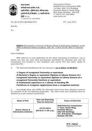 SSCWR Issued Interview Schedule for Senior Library & Information Assistant Post 2015