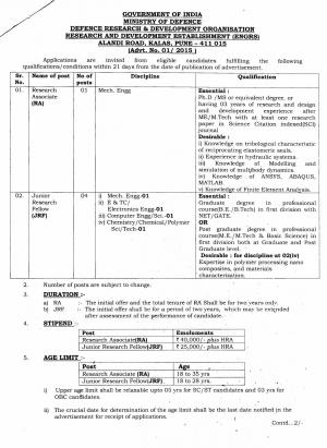 Ministry of Defence Notified Recruitment for 05 RA & JRF Posts 2015