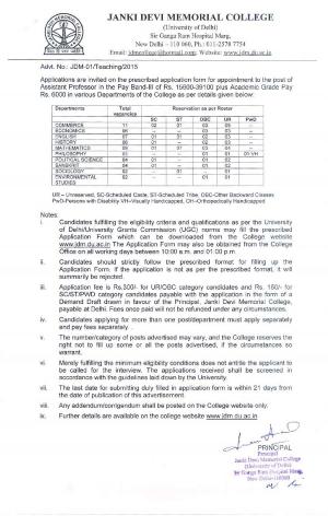 Janki Devi Memorial College Notified Recruitment for 54 Asst Professor Posts 2015
