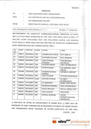 CISF Declared Result for Assistant Commandant EXE Posts 2015