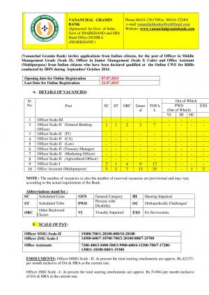 Vananchal Gramin Bank Notified Recruitment to 52 Various Posts 2015