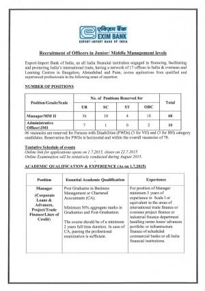 EXIM Notified Recruitment to 78 Manager & Administrative Officer Posts 2015