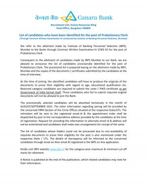 Canara Bank Declared Final Result for Probationary Clerk Post 2014