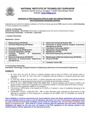 NIT Durgapur Notified Admission for PhD Programme 2015-16