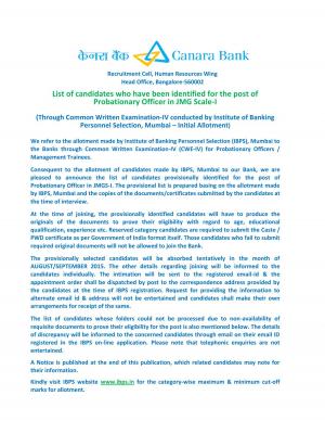 Canara Bank Declared Final Result for PO Scale-I Post 2014