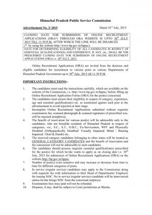 HPPSC Notified Recruitment for 191 Various Posts 2015