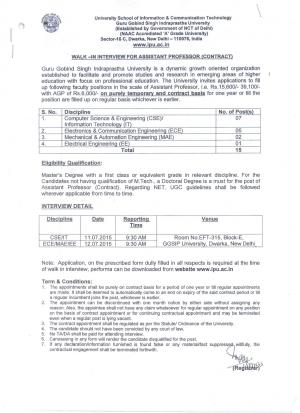 GGSIPU Notified Recruitment for 15 Assistant Professor Posts 2015