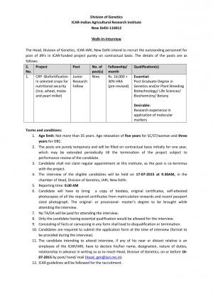 ICAR-IARI Notified Walk in Interview for 09 Junior Research Fellow Post 2015