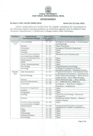 Utkal University Notified Recruitment for 77 Teaching Posts 2015