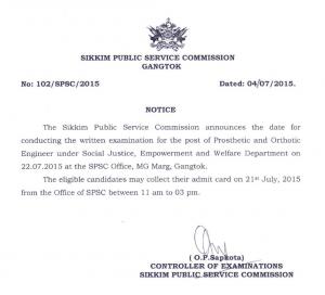 SPSC Declared Interview Schedule for Prosthetic & Orthotic Engineer Post 2015