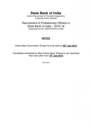 SBI PO Main Exam 2015 Online Call Letter To Be Downloaded Soon