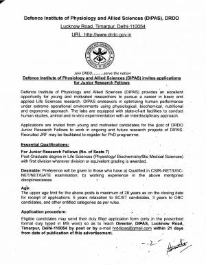 DIPAS Notified Recruitment for 07 Junior Research Fellow Posts 2015