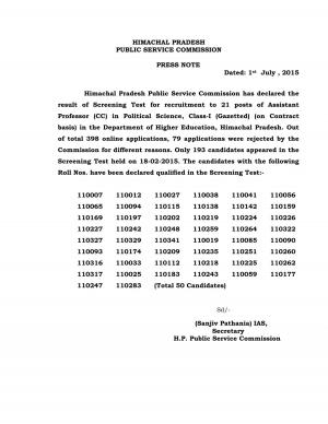 HPPSC Declared Screening Test Result for Assistant Professor Post 2015